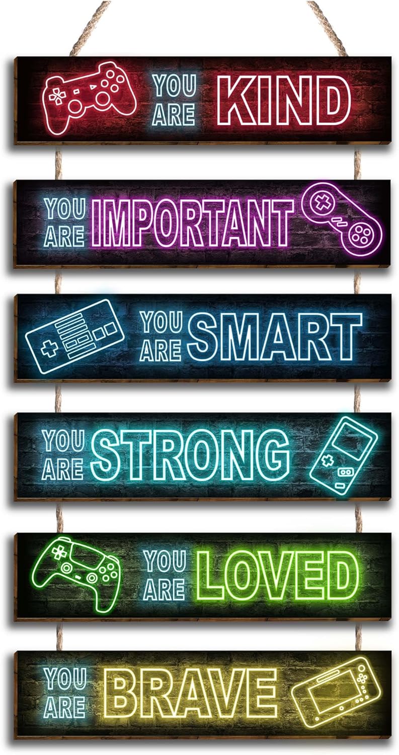 HIWERAN 6 Pcs Neon Gaming Decor Boys Room Decor Positive Neon Gaming Quotes Wall Art Decor for Teens Kids Bedroom Princess Toddler Room, Works of art Made of Wood, Works of Art of Wood, Placards of Woods - Image 1